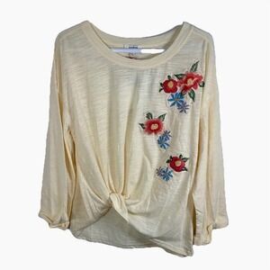 NWT Umgee Floral Top Embroidered Cream Yellow Knot Tie Sz S Boho Cottagecore NEW